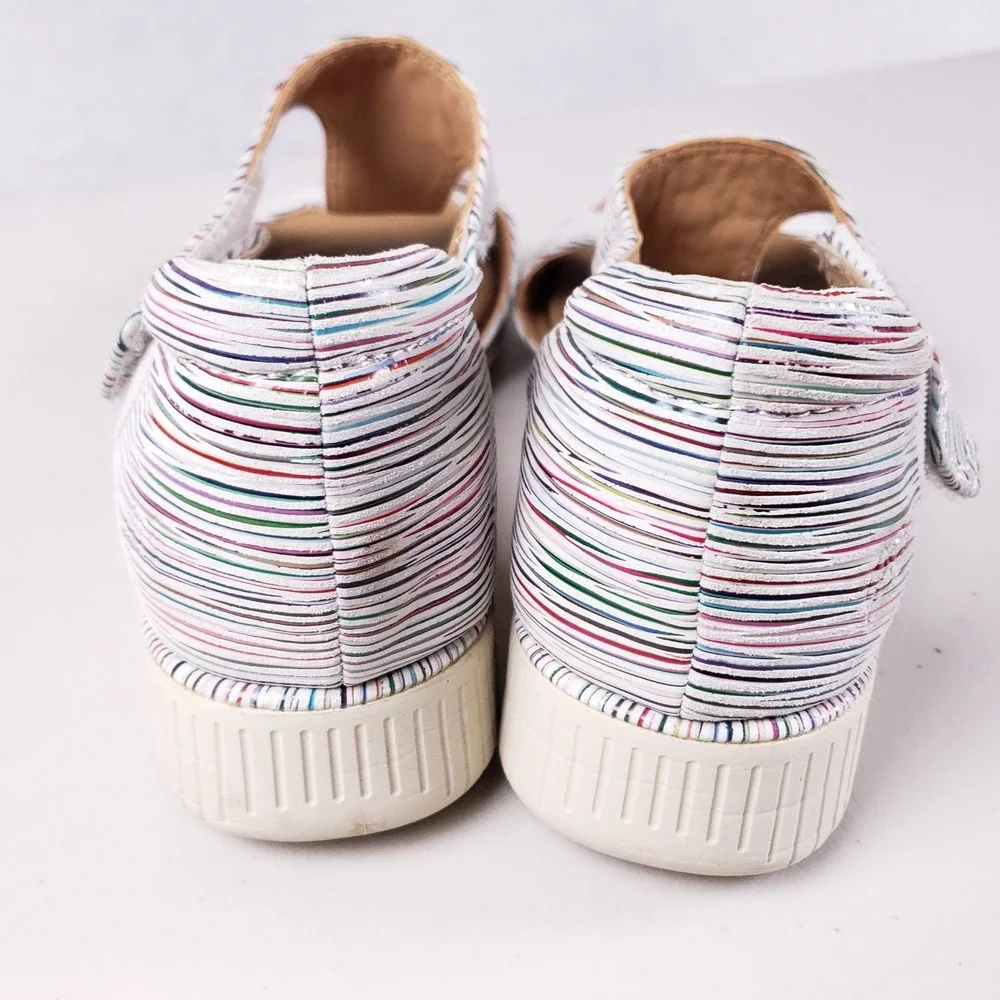 Nurture Womens 9M Multi Color Striped Leather Wedge Sandals Hook‎ Loop Strap